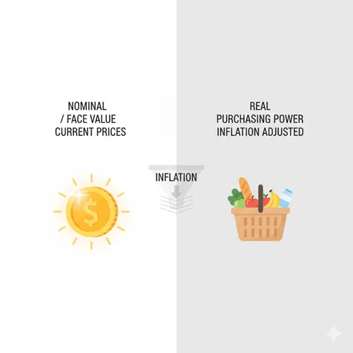 NOMINAL (Face Value / Surface / Current Prices) と REAL (Purchasing Power / Substance / Inflation Adjusted) を比較した英語のインフォグラフィック。