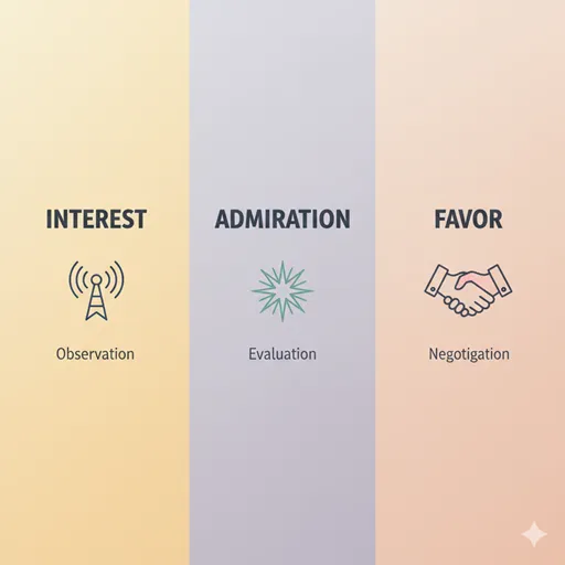 関心（INTEREST）、感心（ADMIRATION）、歓心（FAVOR）を、心のエネルギー（ENERGY）と目的（GOAL）で比較した英語のインフォグラフィック。