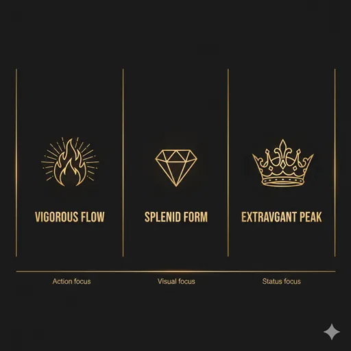 豪勢（VIGOROUS）、豪華（MAGNIFICENT）、豪奢（EXTRAVAGANT）を、行動・外見・極限の観点で比較した英語のインフォグラフィック。