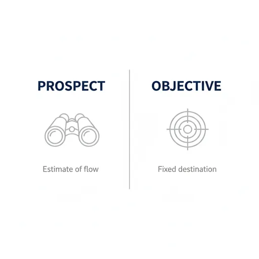 目処（PROSPECT）と目途（OBJECTIVE）を、不確実性（UNCERTAINTY）と意志（WILL）の観点で比較した英語のインフォグラフィック。