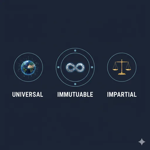 普遍（UNIVERSAL）、不変（IMMUTABLE）、不偏（IMPARTIAL）を軸と例で比較した英語のインフォグラフィック。