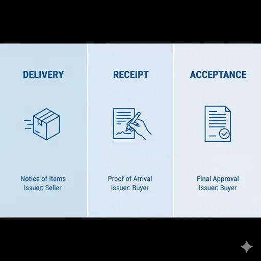 納品書(DELIVERY)、受領書(RECEIPT)、検収書(ACCEPTANCE)を、役割(ROLE)と発行者(ISSUER)の観点で比較した英語のインフォグラフィック。