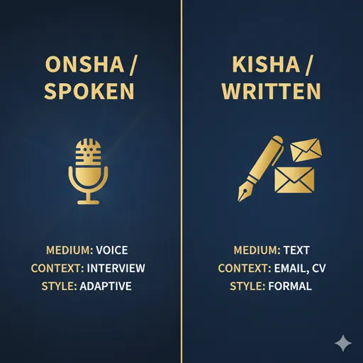 御社(ONSHA / SPOKEN)と貴社(KISHA / WRITTEN)を、媒体(MEDIUM)と場面(SITUATION)の軸で比較した英語のインフォグラフィック。