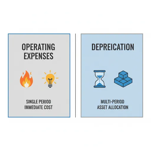 OPERATING EXPENSES (Single Period / Immediate) と DEPRECIATION (Multi-period / Gradual) を比較した英語のインフォグラフィック。