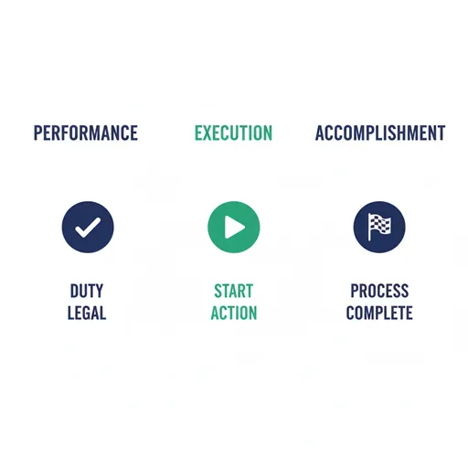 履行（PERFORMANCE）、実行（EXECUTION）、遂行（ACCOMPLISHMENT）を、焦点と時間軸で比較した英語のインフォグラフィック。