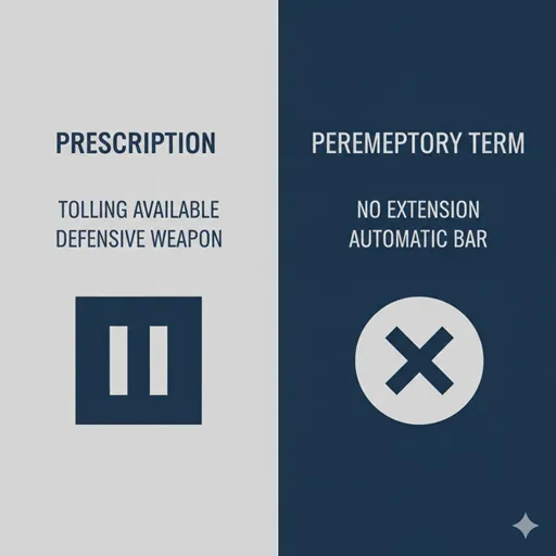 STATUTE OF LIMITATIONS (Adjustable) と PEREMPTORY TERM (Fixed) を、中断(Interruption)と援用(Assertion)で比較した英語のインフォグラフィック。