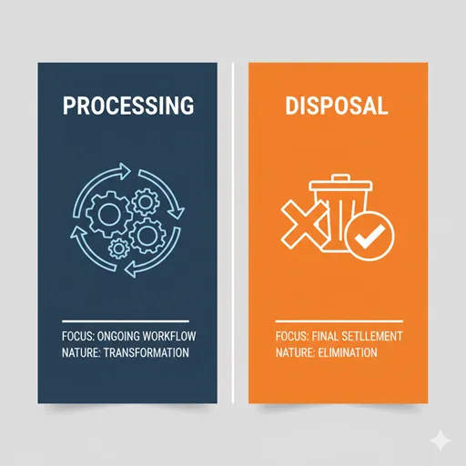 処理(PROCESSING / WORKFLOW)と処分(DISPOSAL / TERMINATION)を、流れ図と完了マークで比較した英語のインフォグラフィック。