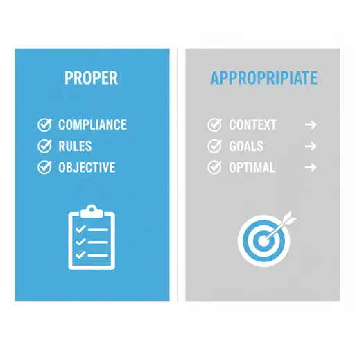 PROPER (Standard-based / Objective) と APPROPRIATE (Situation-based / Subjective) を、基準（Criteria）と焦点（Focus）で比較した英語のインフォグラフィック。