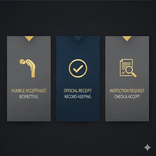 拝受（HUMBLE）、受領（OFFICIAL）、査収（INSPECT）を、アクションの主体と目的で比較した英語のインフォグラフィック。