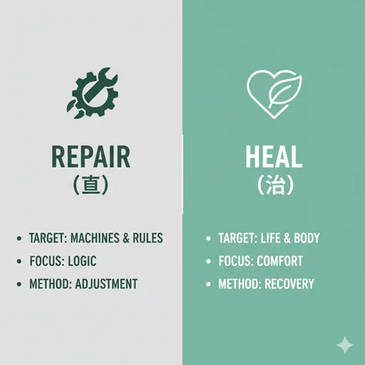 直る（FIX / OBJECTS）と治る（HEAL / BIOLOGICAL）を、焦点（FOCUS）と方法（METHOD）の軸で比較した英語のインフォグラフィック。