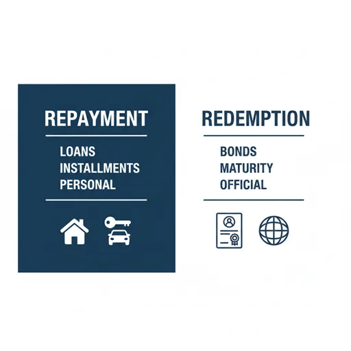 REPAYMENT (Loan / Monthly / Personal) と REDEMPTION (Bond / Maturity / Systemic) を比較した英語のインフォグラフィック。