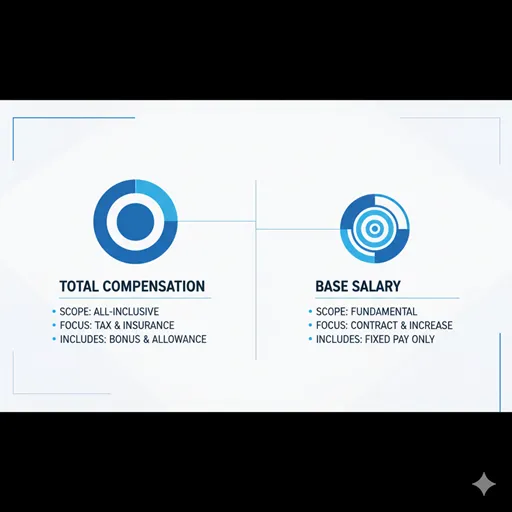 給与（TOTAL COMPENSATION / GROSS）と給料（BASE SALARY / CORE）を、範囲（SCOPE）と構成（COMPONENTS）の軸で比較した英語のインフォグラフィック。