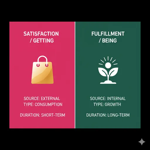 満足（SATISFACTION / EXTERNAL）と充足（FULFILLMENT / INTERNAL）を、持続性（DURATION）と源泉（SOURCE）の軸で比較した英語のインフォグラフィック。