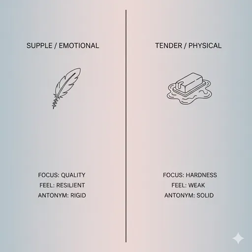 柔らかい（YAWRAKAI / SUPPLE）と軟らかい（YAWARAKAI / TENDER）を、焦点（FOCUS）と対義語（ANTONYM）の軸で比較した英語のインフォグラフィック。