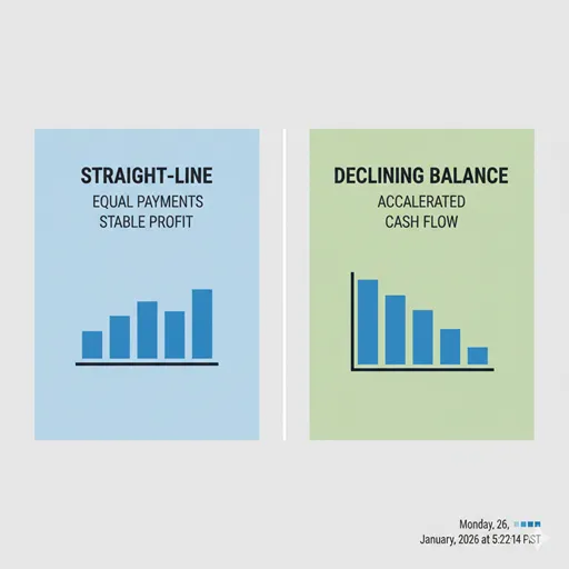 STRAIGHT-LINE (Equal Amount / Stability) と DECLINING BALANCE (Accelerated / Tax Benefit) を比較した英語のインフォグラフィック。