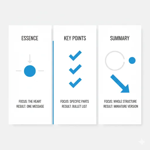 要旨(ESSENCE / CORE)、要点(KEY POINTS / HIGHLIGHTS)、要約(SUMMARY / CONDENSED)を、視覚的アイコンと英語のキーワードで比較したインフォグラフィック。