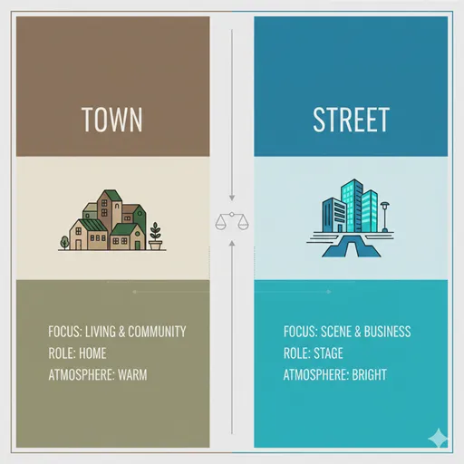 町(TOWN / COMMUNITY)と街(STREET / COMMERCE)を、視点(VIEWPOINT)と要素(ELEMENTS)の軸で比較した英語のインフォグラフィック。