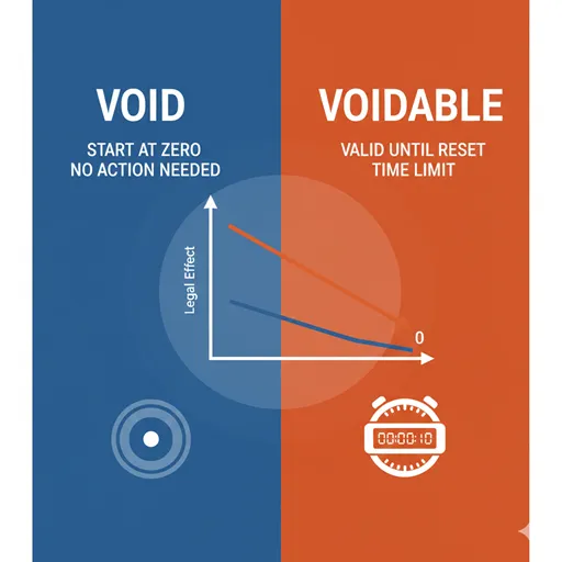 無効（VOID）と取消（VOIDABLE）を、必要アクションと期間の観点で比較した英語のインフォグラフィック。
