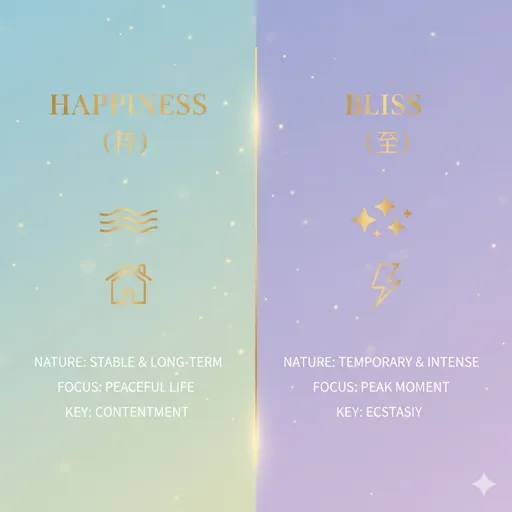 幸福（HAPPINESS / SUSTAINABLE）と至福（BLISS / INTENSE）を、持続時間（DURATION）と性質（NATURE）で比較した英語のインフォグラフィック。