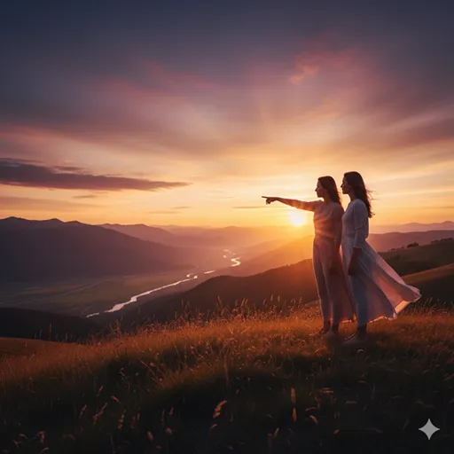 夕暮れ時、二人の人物が並んで歩きながら、同じ方向にある輝く未来の景色を指差している。