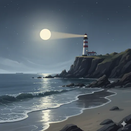 穏やかな夜の海で、遠くの灯台が一定のリズムで光を放ち続け、航路の安全を静かに守っている風景。