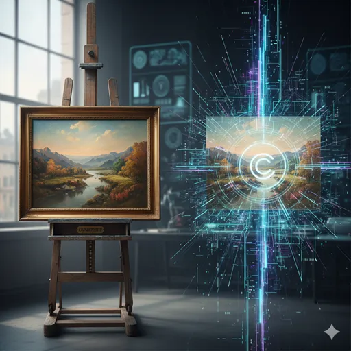 豪華な額縁に入った絵画と、その背後に広がるデジタルなグリッド線やデータのイメージ。