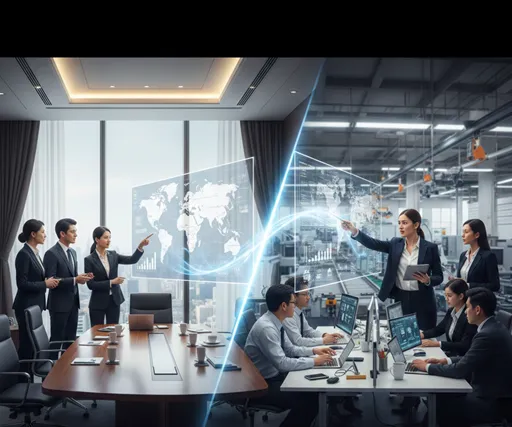 円卓で戦略を練る少数のリーダーたちと、その方針を受けて現場のチームを鼓舞するリーダーの対比イメージ。