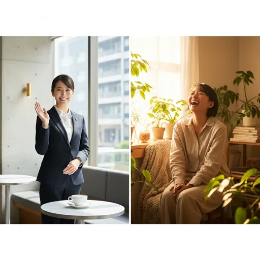 鏡の前で笑顔を整える女性（愛想）と、自然体で笑い転げる子供（愛嬌）のイメージを並べた対比。