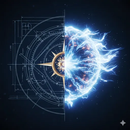 羅針盤が描かれた古い地図と、その上で青白く燃える炎が共存しているイメージ。