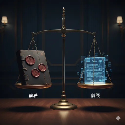 赤い「確定」の刻印が押された書類と、青い光に包まれたデータベースの履歴。人生の岐路を象徴するイメージ。