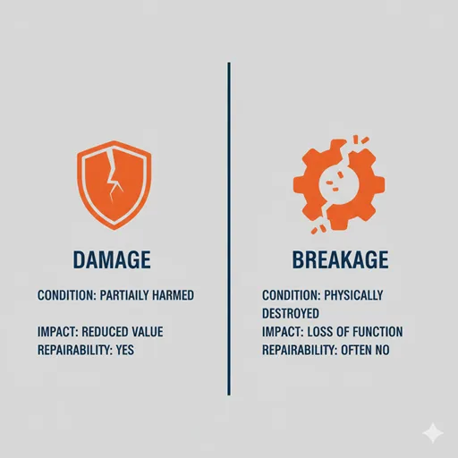 損傷（DAMAGE / IMPAIRMENT）と破損（BREAKAGE / DESTRUCTION）を、状態（CONDITION）と修理可能性（REPAIRABILITY）で比較した英語のインフォグラフィック。