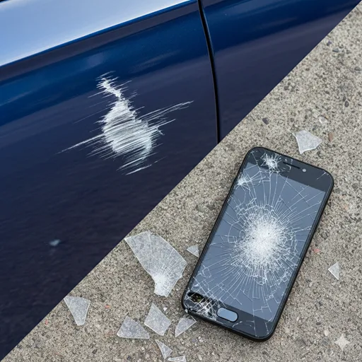 車のボディについた細いひっかき傷（損傷）と、アスファルトの上で粉々に砕けたスマートフォンの画面（破損）を対比させたビジュアル。