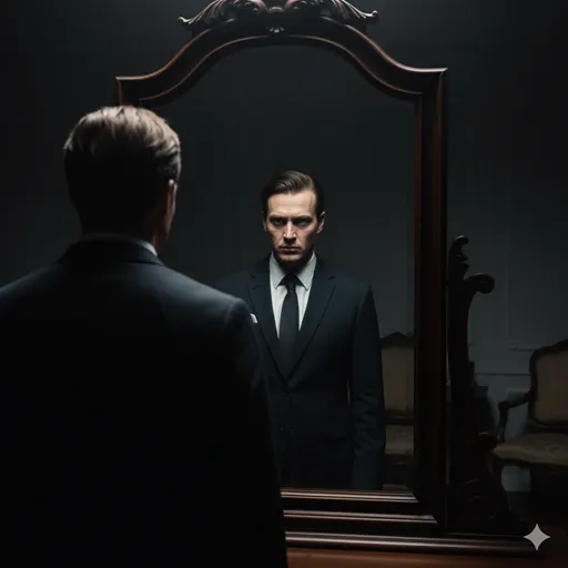 暗い部屋の中で、一点の光に照らされた鏡を真っ直ぐに見つめ、襟を正す人物。