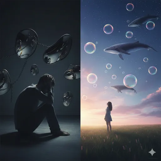 自分の頭を抱え込む影のような人物（妄想）と、夜空に浮かぶ美しいシャボン玉や星屑を眺める人物（幻想）の対比。