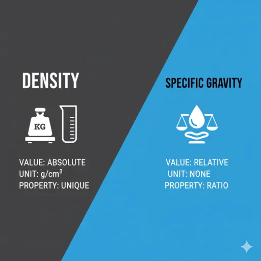 密度(DENSITY / ABSOLUTE)と比重(SPECIFIC GRAVITY / RELATIVE)を、単位(UNIT)と基準(REFERENCE)の軸で比較した英語のインフォグラフィック。