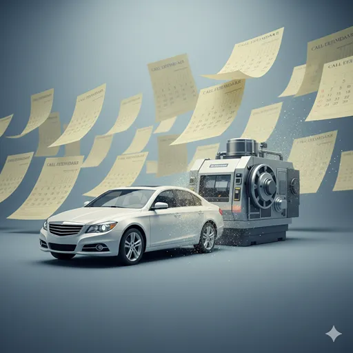 カレンダーのページがめくれる背景に、徐々に変化していく高級車や工場の機械のシルエット。