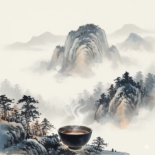 霧の中に浮かぶ遠くの山々と、手前に置かれた一客の茶器。語られない美しさと深さを象徴する風景。