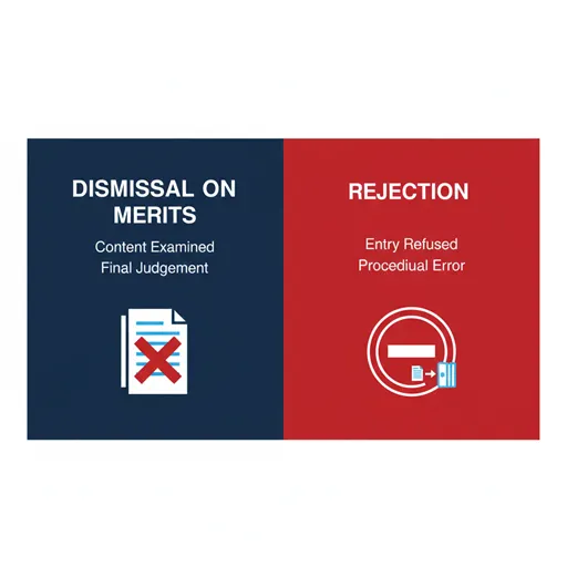 棄却（DISMISSAL ON MERITS）と却下（REJECTION / PROCEDURAL DISMISSAL）を、段階（STAGE）と影響（IMPACT）で比較した英語のインフォグラフィック。