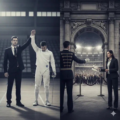 試合が終わった後の判定負けのジェスチャー（棄却）と、スタジアムの入り口で入場を断られる様子（却下）を左右で対比させたイラスト。