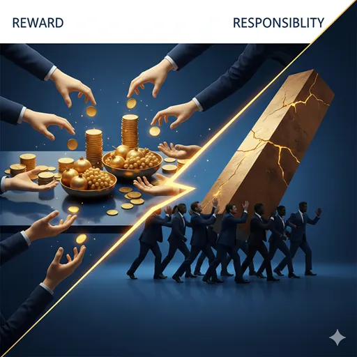 黄金に輝く収穫物を分け合う様子（分配）と、巨大な一つの石柱を協力して運び上げるチームの姿（分担）を対比させたビジュアル。