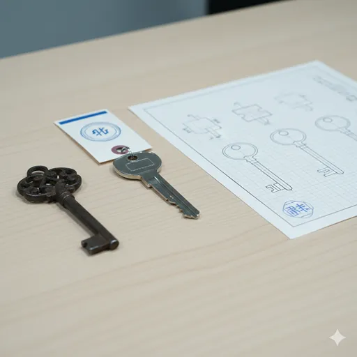 一つの鍵（原本）と、その鍵を複製して作られた、全く同じ機能を持つ予備の鍵（正本）、そして鍵の形状を記録した設計図（謄本）のメタファー。