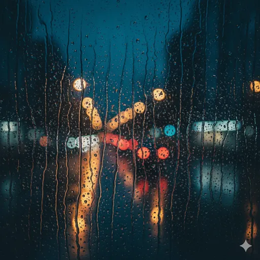 雨の日に窓ガラス越しに見る街の灯り。水滴が涙のように流れ、切なさを強調するビジュアル。