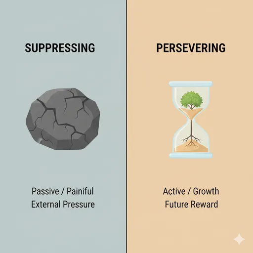 我慢（SUPPRESS）と辛抱（HOPEFUL WAIT）を、エネルギーの向き（ENERGY）と目的（GOAL）の観点で比較した英語のインフォグラフィック。