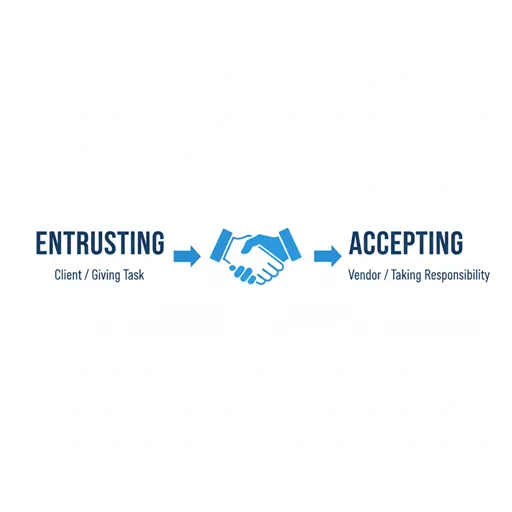 委託（ENTRUSTING）と受託（ACCEPTING）を、方向（DIRECTION）と責任（RESPONSIBILITY）の軸で比較した英語のインフォグラフィック。