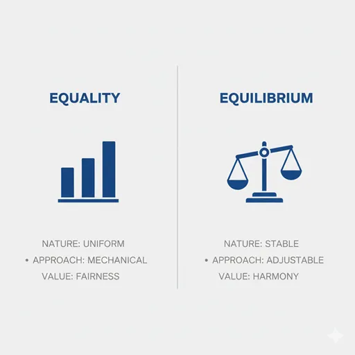 均等（EQUALITY / SAME QUANTITY）と均衡（EQUILIBRIUM / STABILITY）を、性質（NATURE）とアプローチ（APPROACH）の軸で比較した英語のインフォグラフィック。