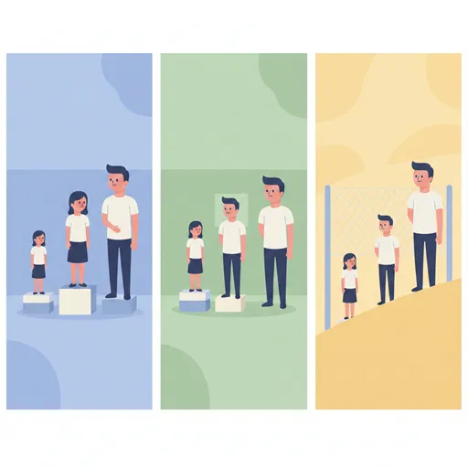 同じ高さの椅子（平等）、個別の高さの椅子（公平）、椅子が不要なフラットな地面（公正）を表現したコンセプトアート。