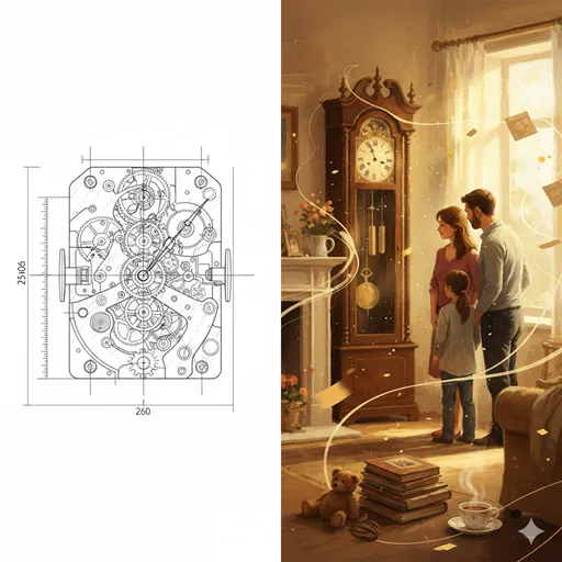 正確に描かれた機械の設計図（説明）と、その機械が動くことで人々の生活が彩られる様子を描いたドラマチックなイラスト（解説）の対比。