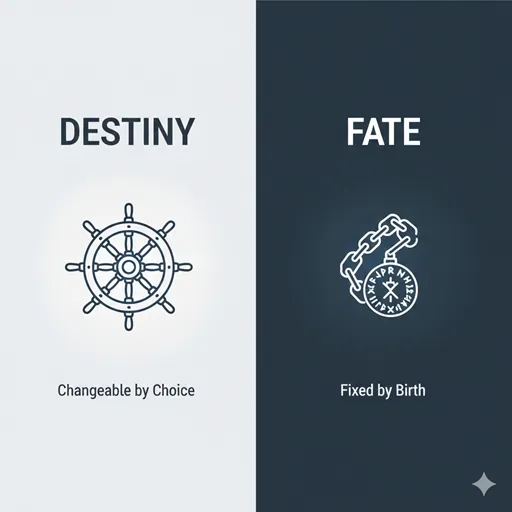 運命（DESTINY）と宿命（FATE）を、意志（WILL）と起源（ORIGIN）の観点で比較した英語のインフォグラフィック。