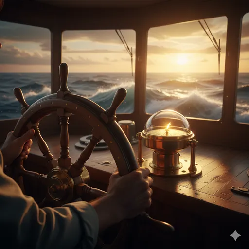 荒波の中で船の舵を握る手と、その横にある正確な羅針盤。経営のコントロールを象徴。