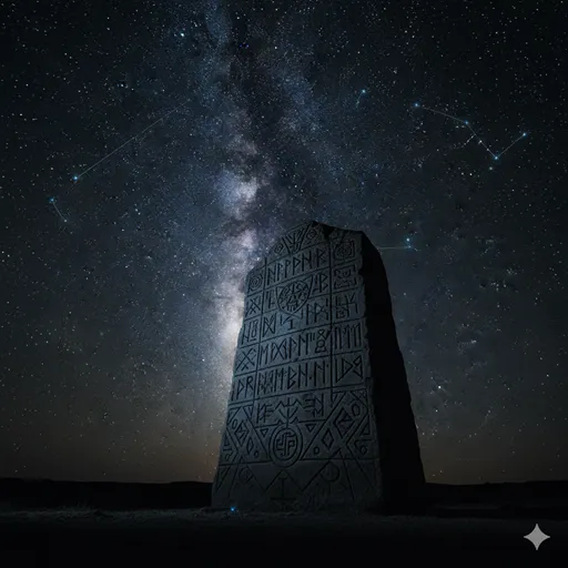 夜空に輝く星座のつながりと、古くから刻まれた石の模様。